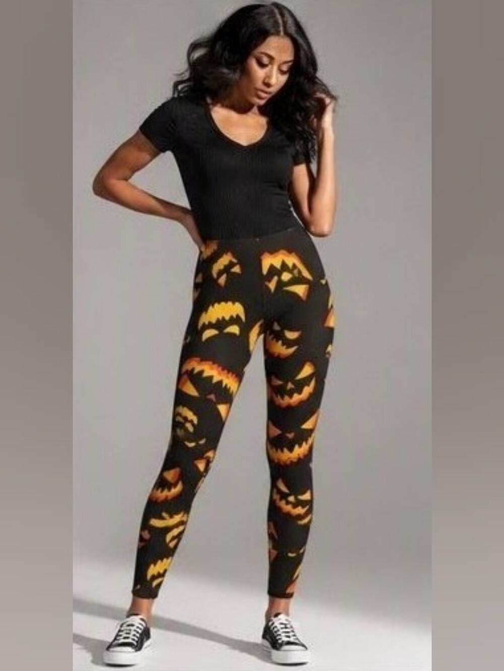 No Boundaries Black Leggings with Orange Jack-o'-Lantern Faces